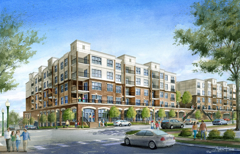 An artist's rendering of the proposed Lofts @ 220 Main apartment complex, showcasing modern architectural design.